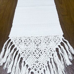 Handcrafted Macrame Fringed Ivory Table Runner Boho  Intricate Design 82X13"